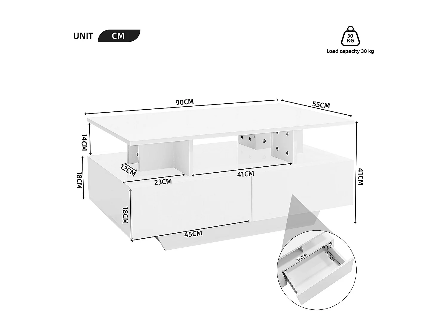 Table basse avec LED - avec 2 tiroirs - Blanc