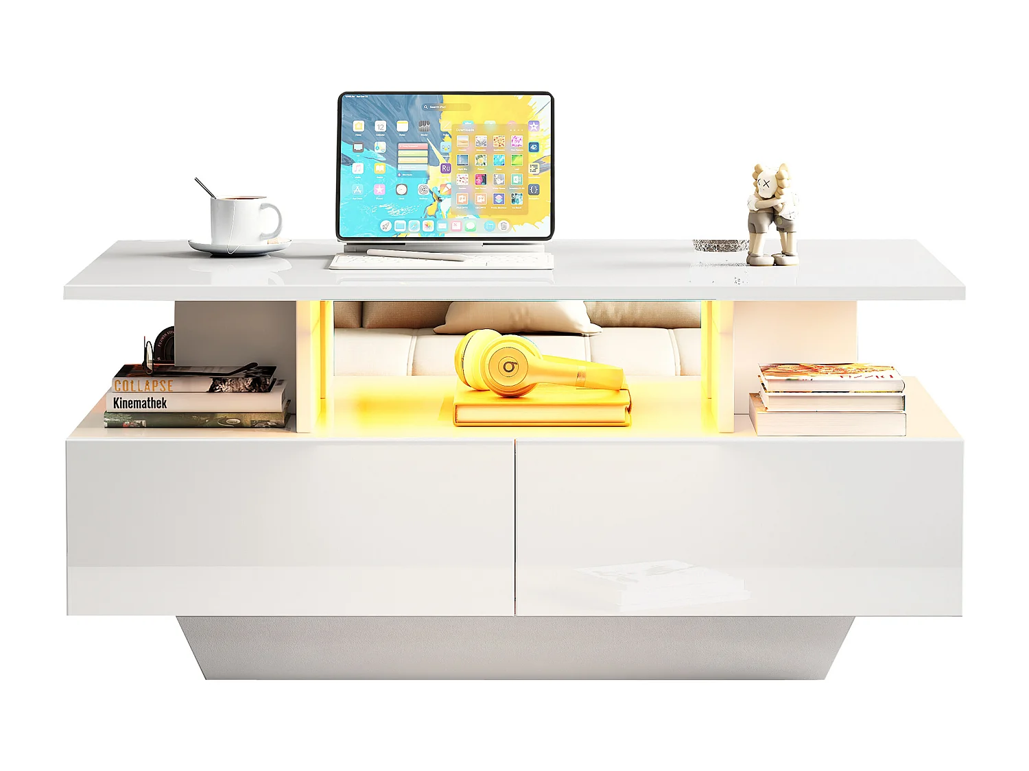 Table basse avec LED - avec 2 tiroirs - Blanc
