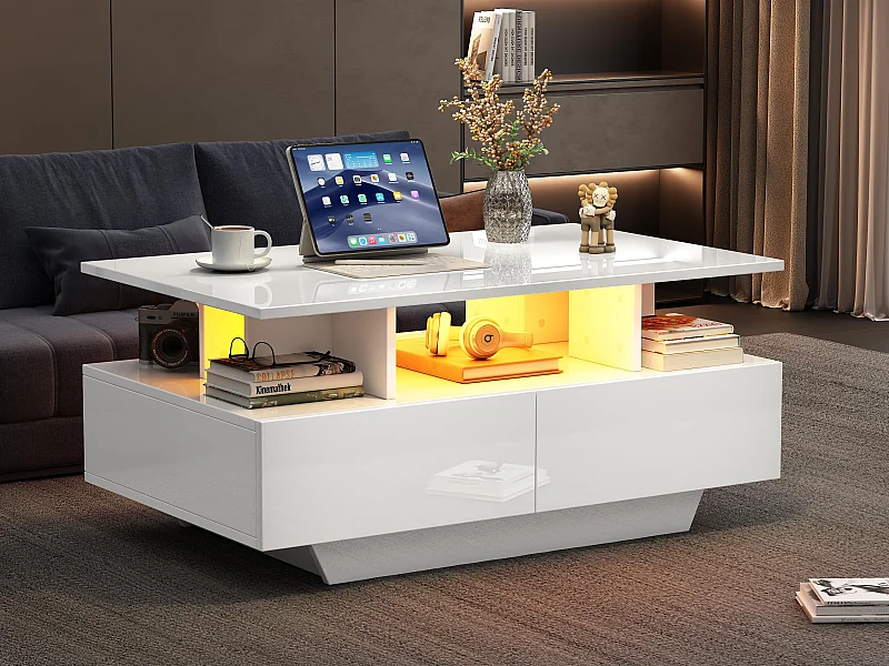 Table basse avec LED - avec 2 tiroirs - Blanc
