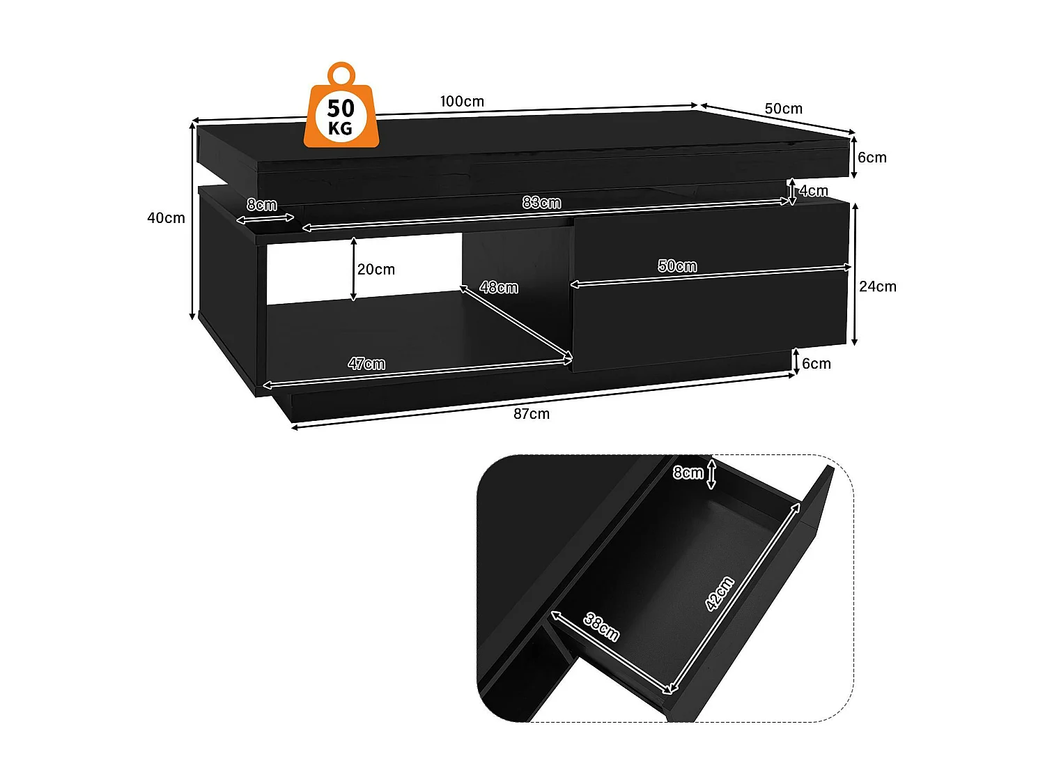 Table basse avec LED - avec 1 tiroir et 1 compartiment - Noir