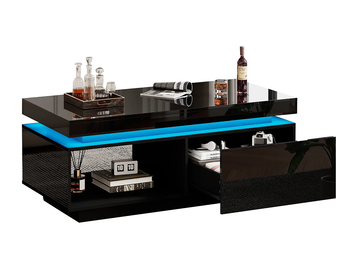 Table basse avec LED - avec 1 tiroir et 1 compartiment - Noir