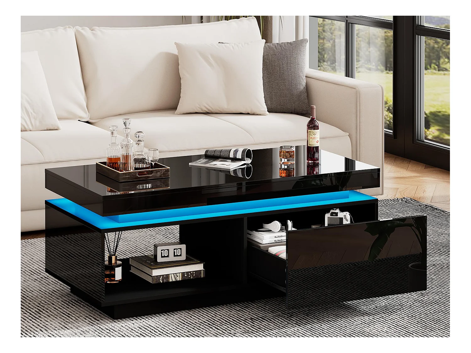 Table basse avec LED - avec 1 tiroir et 1 compartiment - Noir
