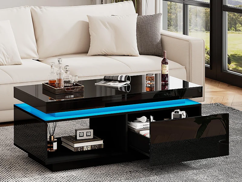 Table basse avec LED - avec 1 tiroir et 1 compartiment - Noir