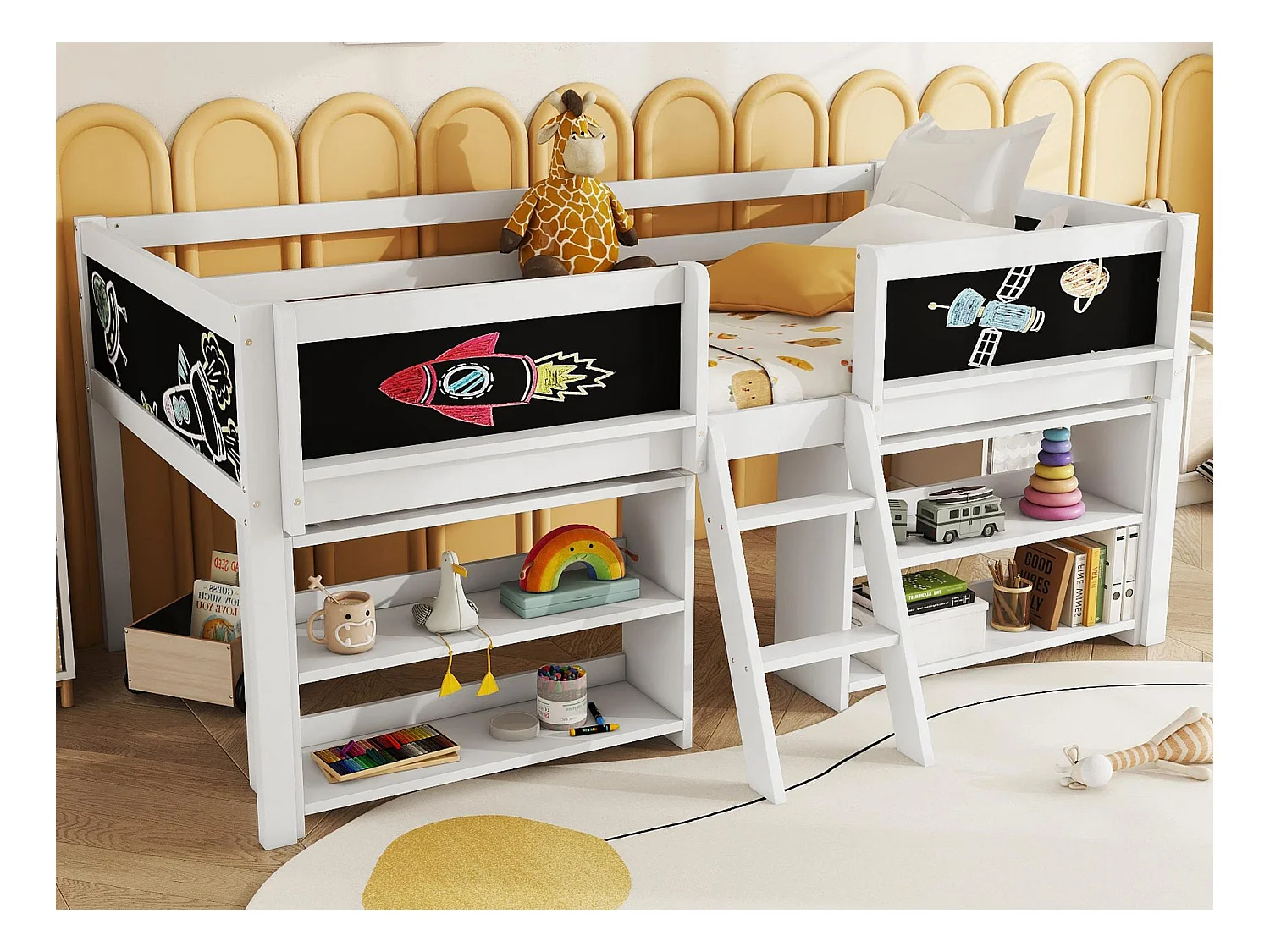 Letto per bambini 90x200 cm in legno massiccio - diversi ripiani - Bianco (materasso non incluso)