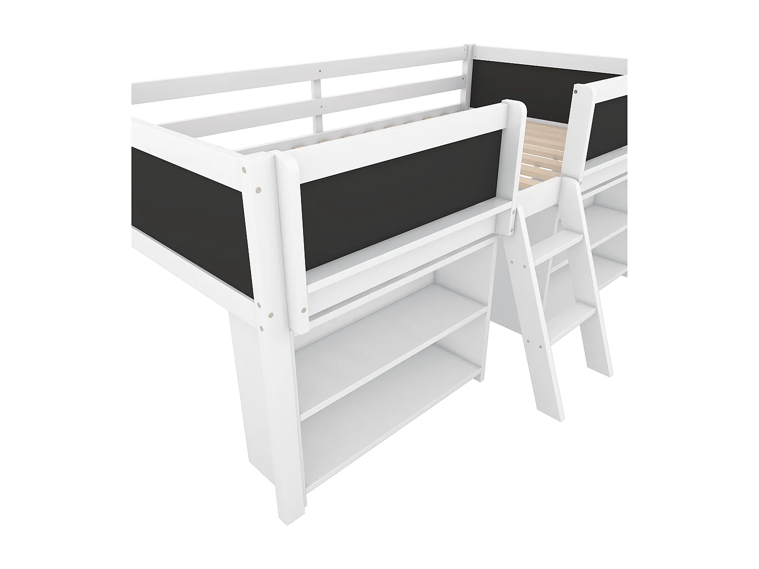 Lit enfant 90x200cm en bois massif - plusieurs étagères - Blanc (matelas non inclus)
