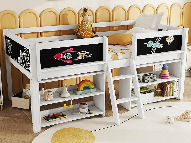 Lit enfant 90x200cm en bois massif - plusieurs étagères - Blanc (matelas non inclus)