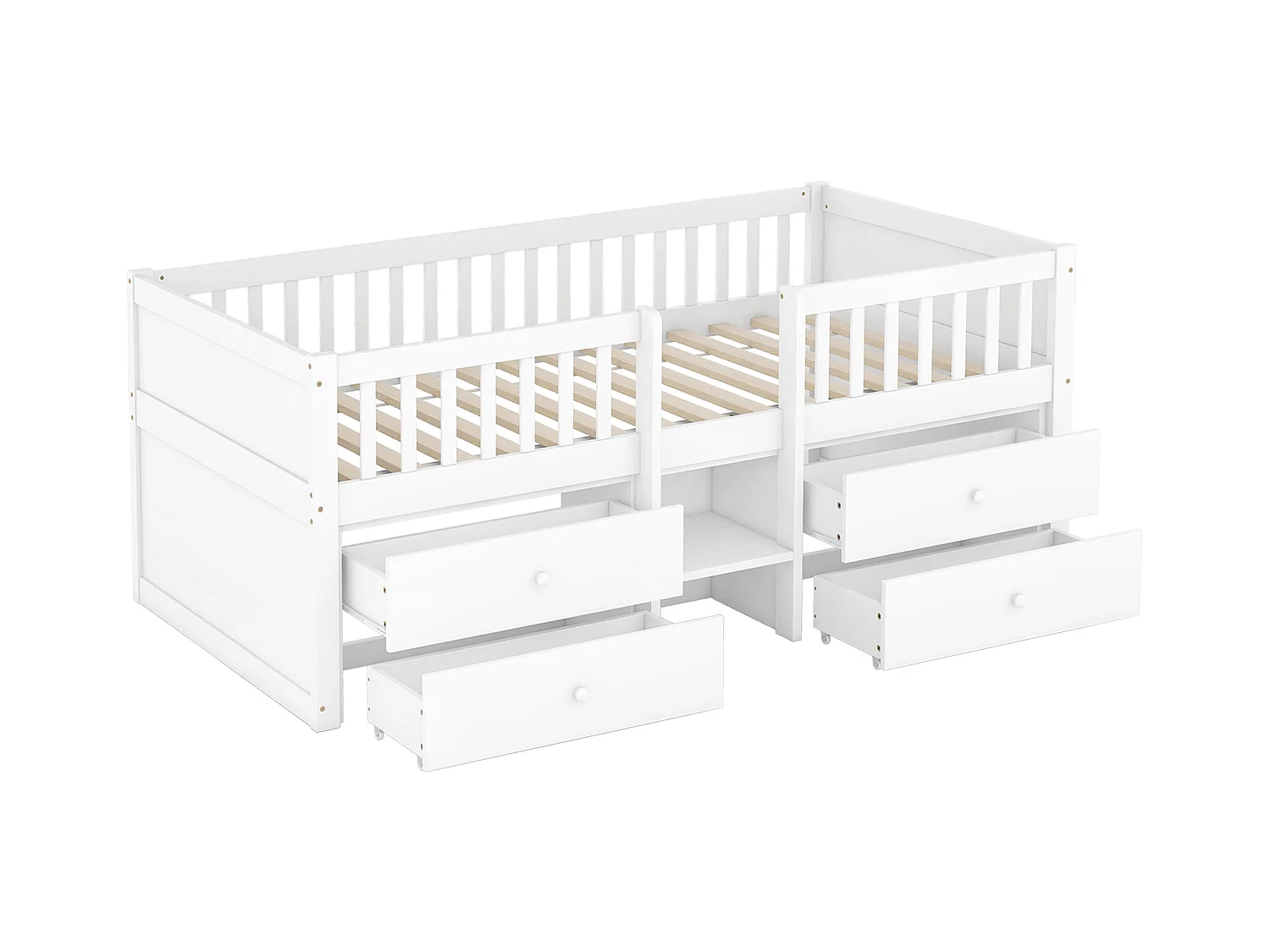 Lit enfant 90x200cm en bois massif - avec 4 tiroirs - Blanc (matelas non inclus)