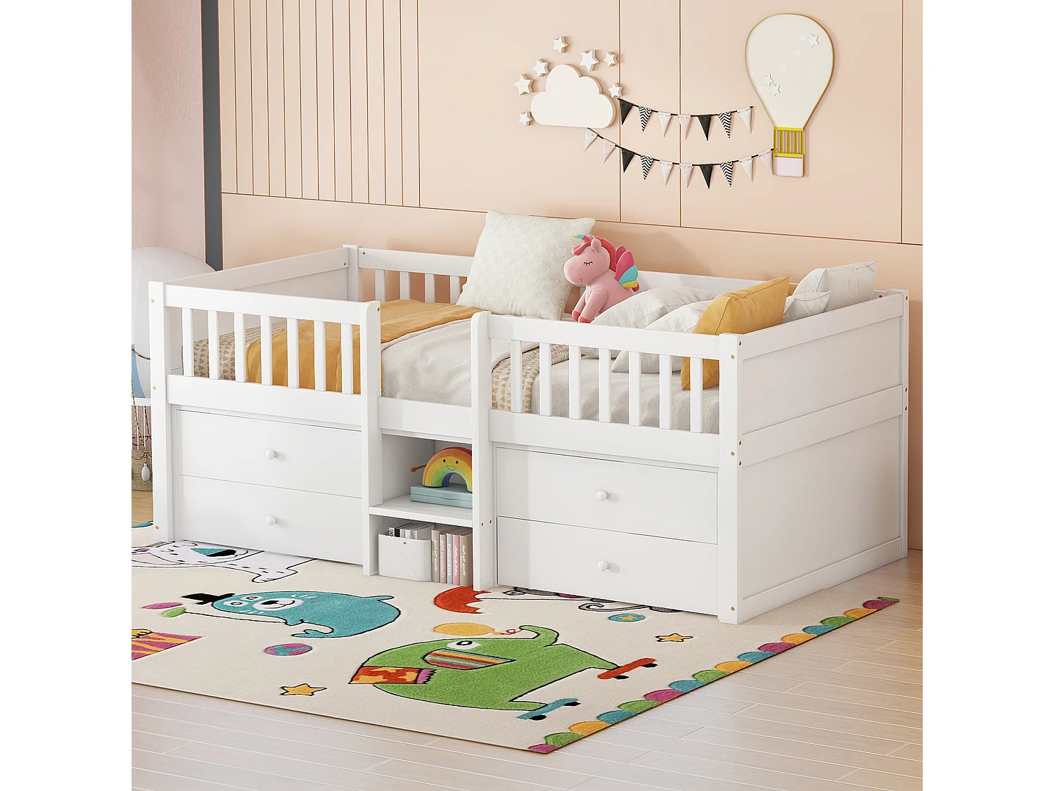 Letto per bambini 90x200 cm in legno massello - con 4 cassetti - Bianco (materasso non incluso)