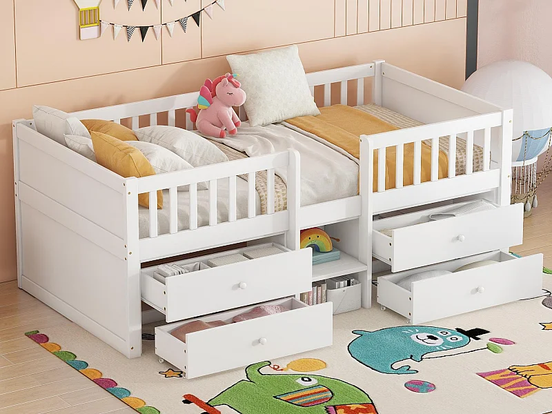 Lit enfant 90x200cm en bois massif - avec 4 tiroirs - Blanc (matelas non inclus)