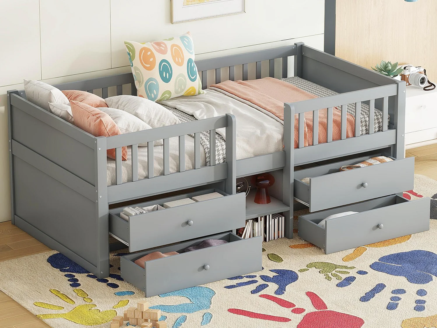 Cama infantil 90x200cm de madera maciza - con 4 cajones - Gris (colchón no incluido)