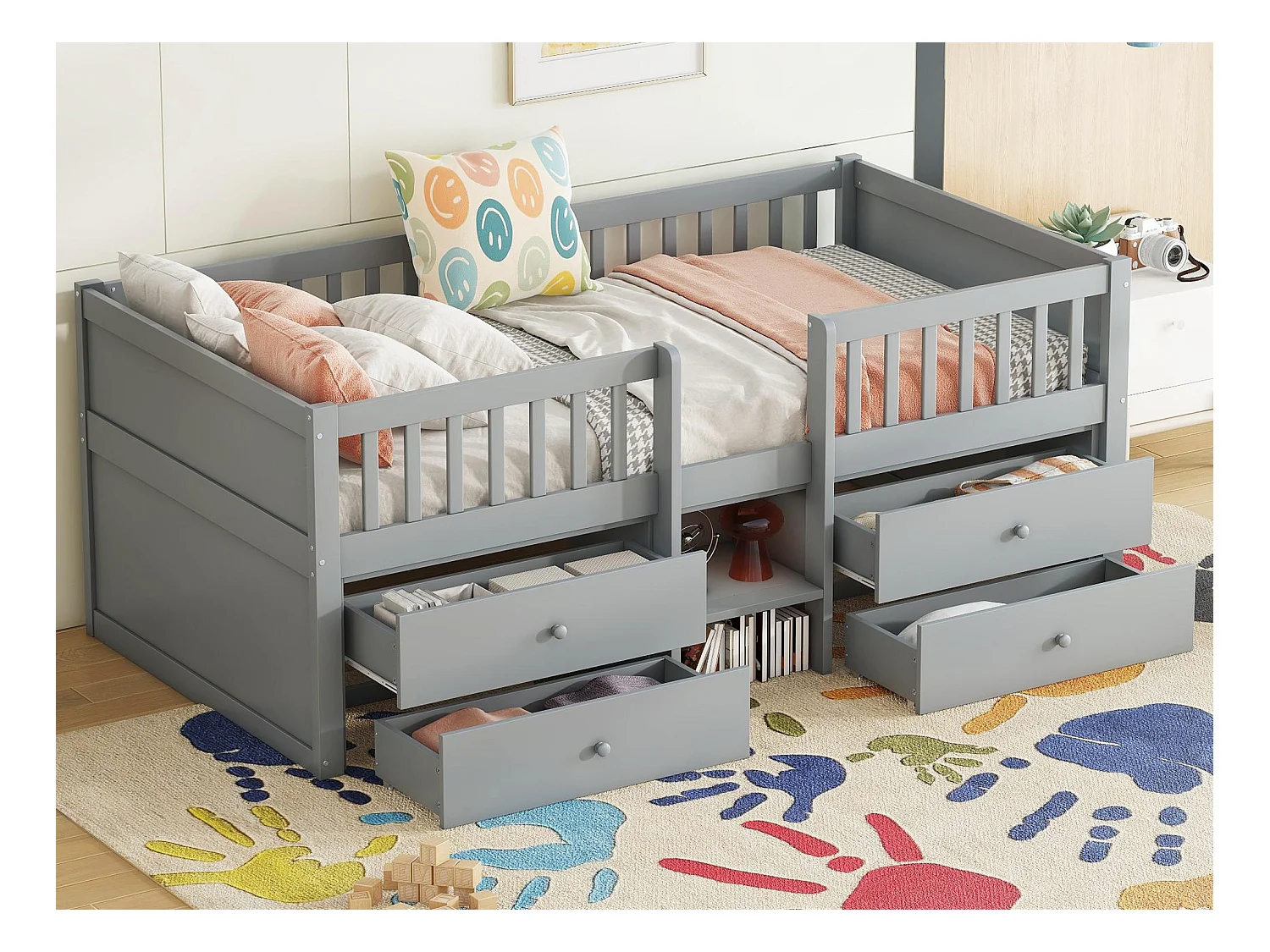Letto per bambini 90x200 cm in legno massello - con 4 cassetti - Grigio (materasso non incluso)