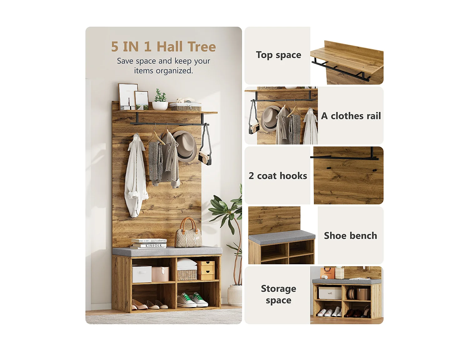 Garderobe mit Garderobe und Schuhbank - verstellbare Einlegeböden - Natur