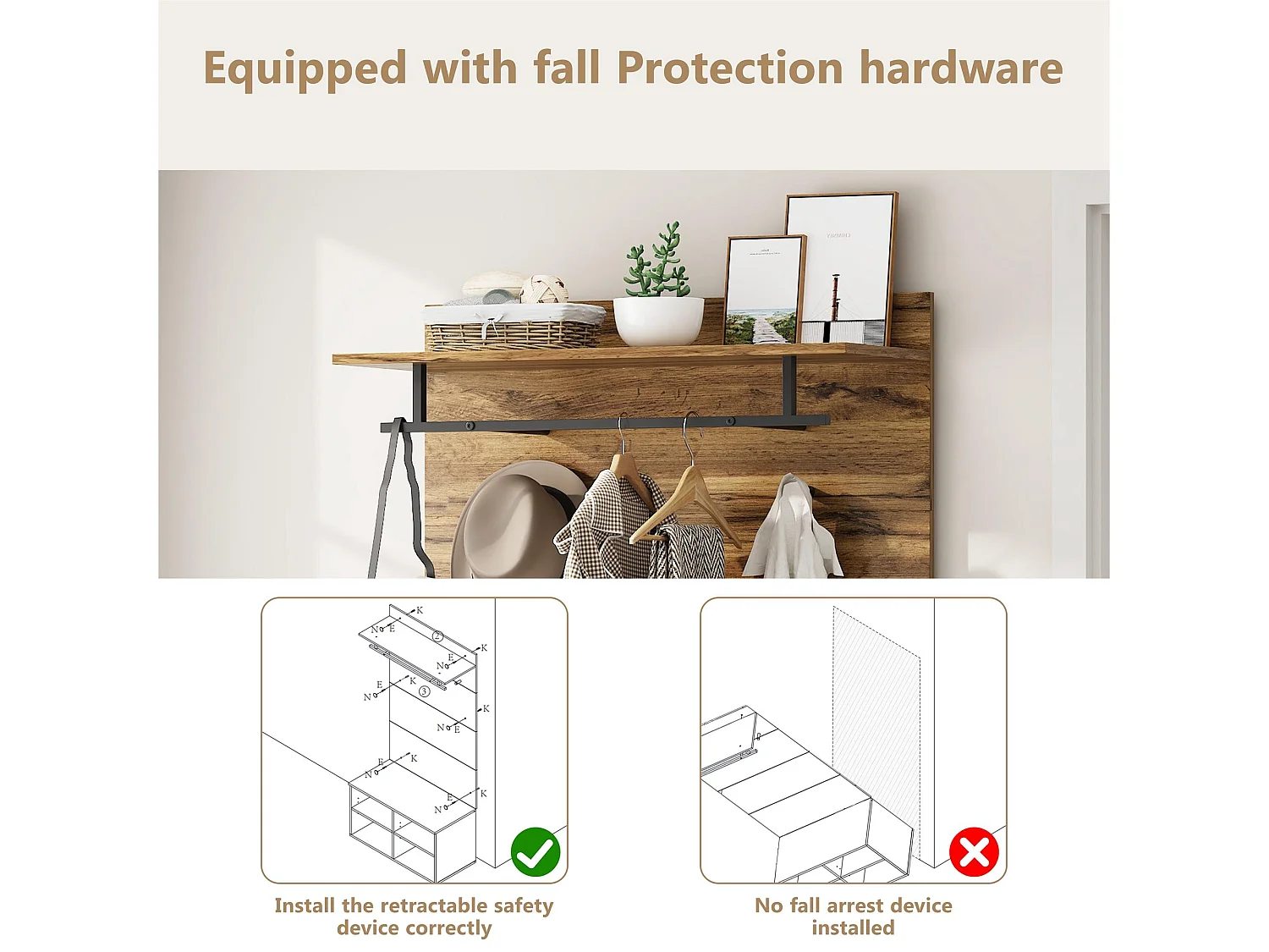 Garderoba z wieszakiem i ławką na buty - regulowane półki - naturalne