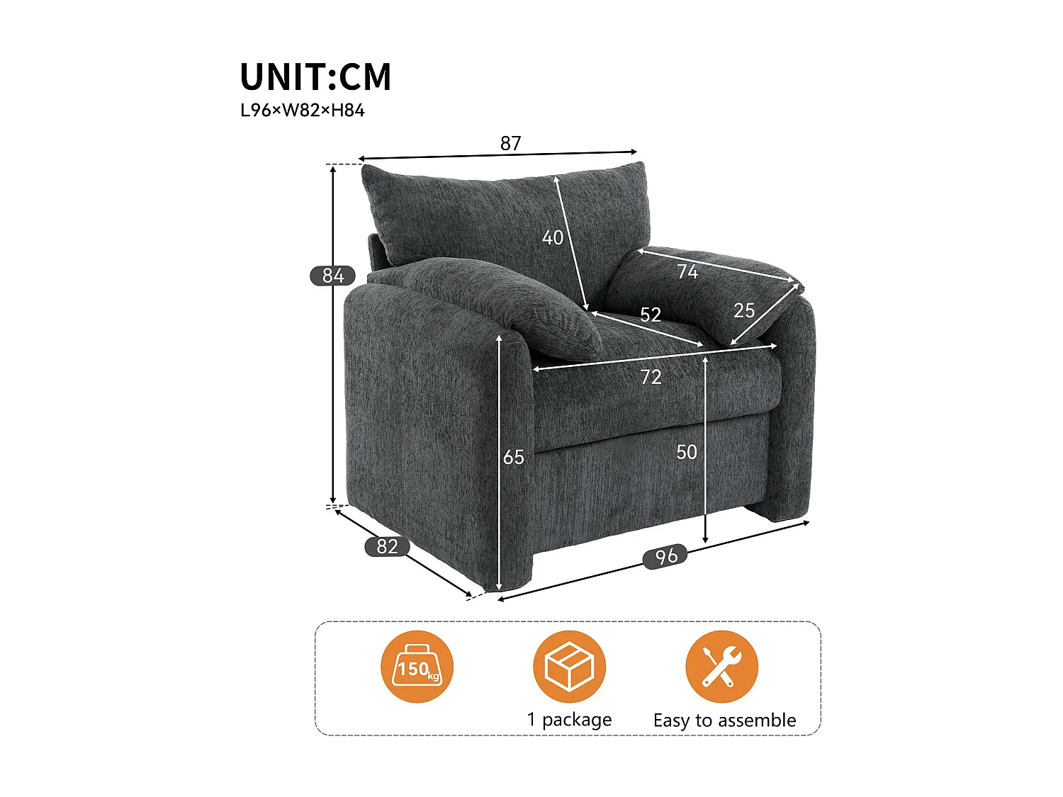 Fauteuil simple en chenille - Gris