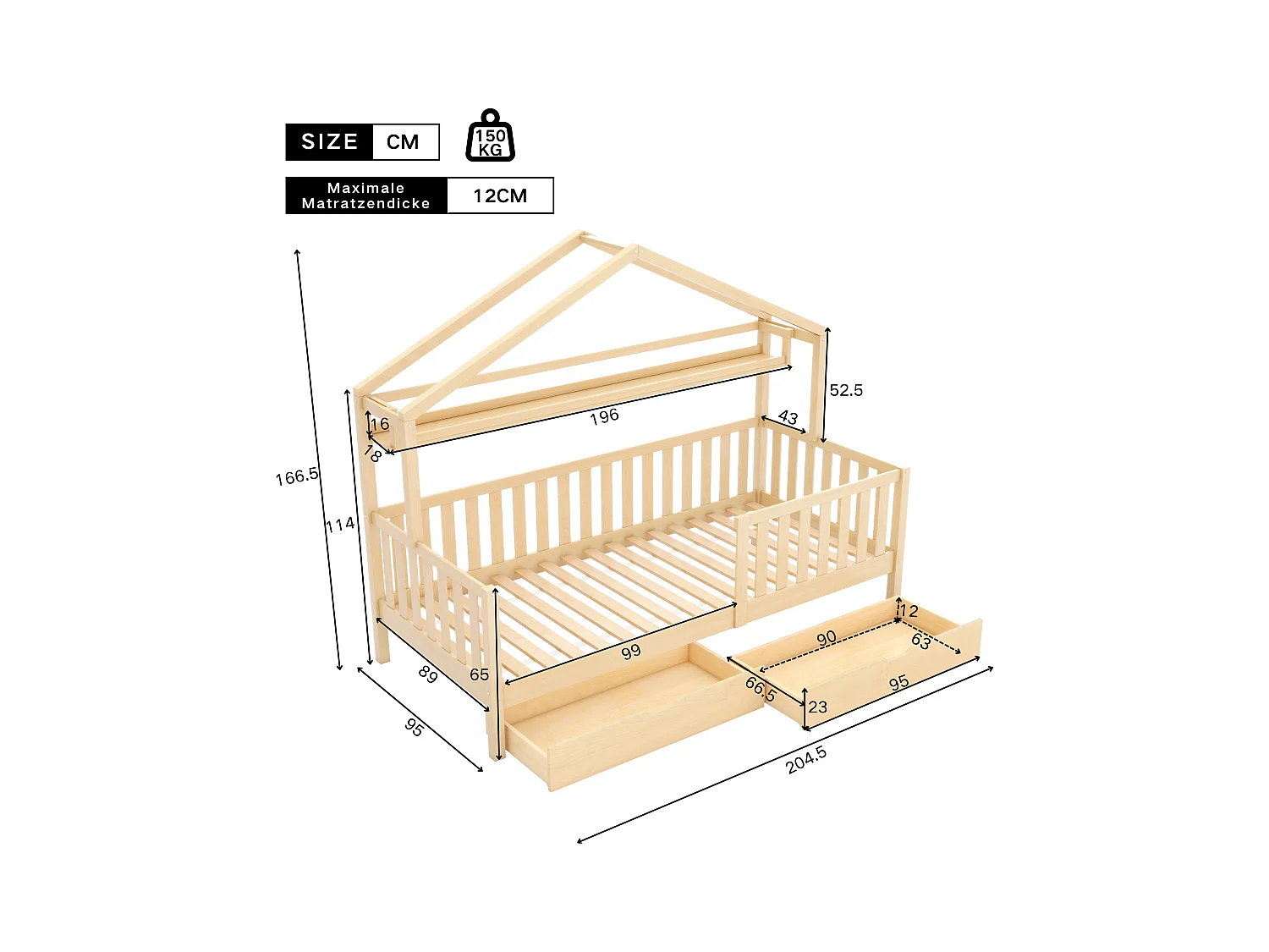 Lit cabane en bois massif - 90x200cm - avec 2 tiroirs et étagères - Naturel