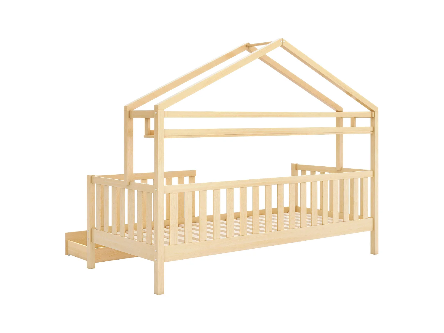 Lit cabane en bois massif - 90x200cm - avec 2 tiroirs et étagères - Naturel