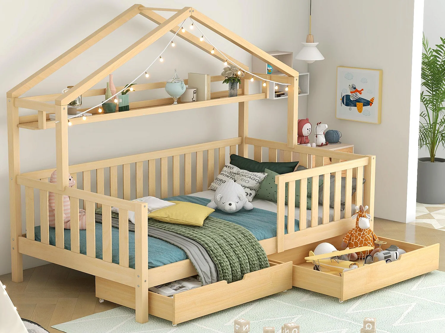 Lit cabane en bois massif - 90x200cm - avec 2 tiroirs et étagères - Naturel