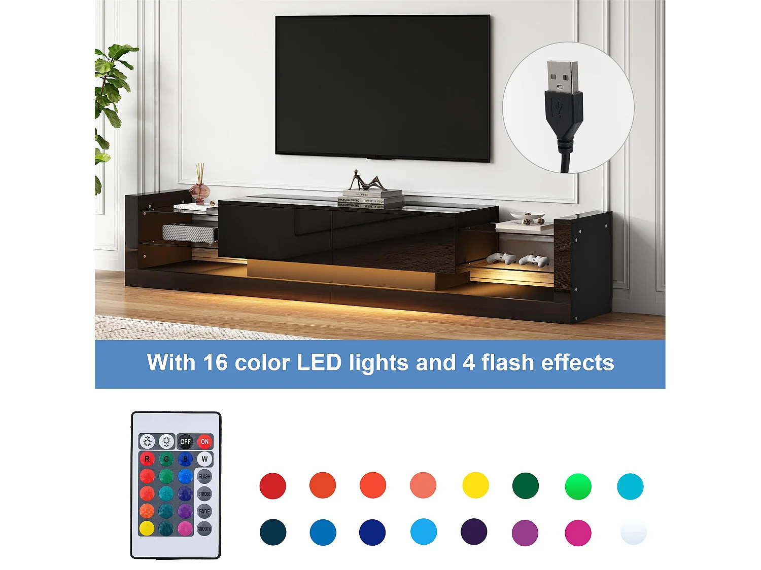 Meuble TV avec LED - 2 compartiments abattants et étagères en verre - Noir