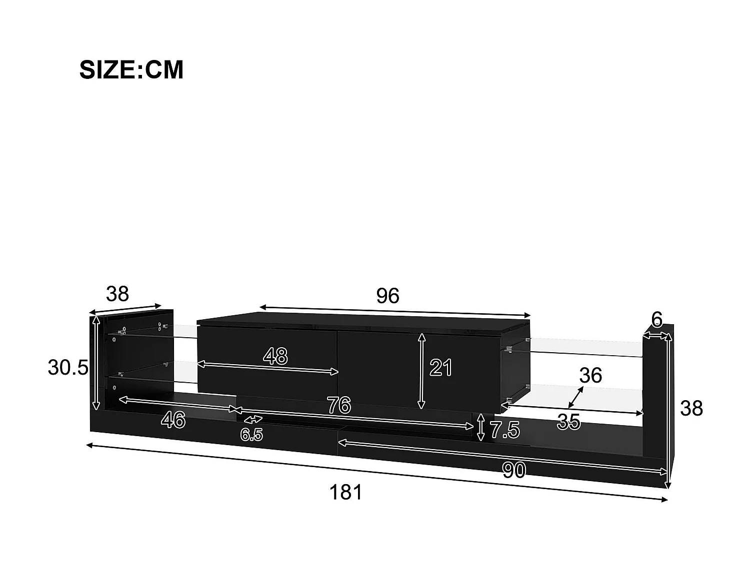 Meuble TV avec LED - 2 compartiments abattants et étagères en verre - Noir