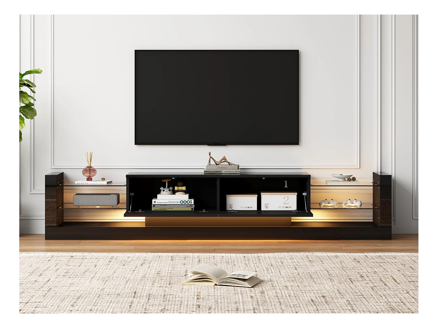 Meuble TV avec LED - 2 compartiments abattants et étagères en verre - Noir