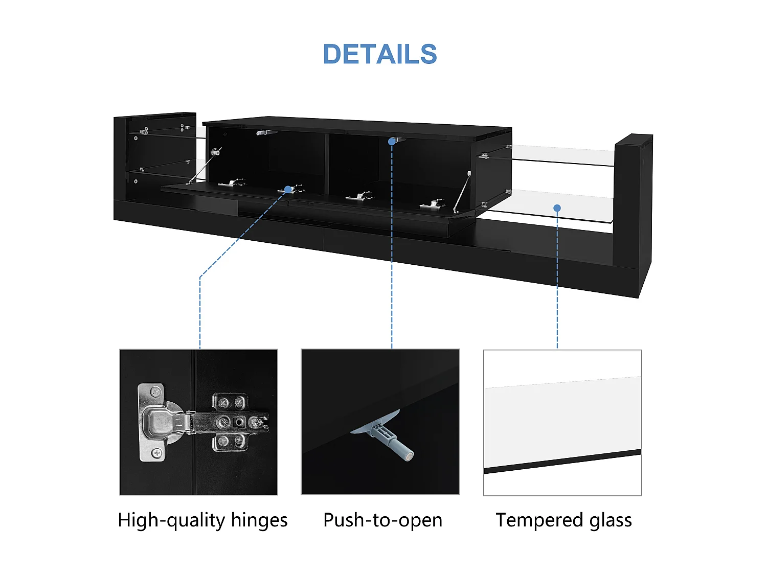 Meuble TV avec LED - 2 compartiments abattants et étagères en verre - Noir
