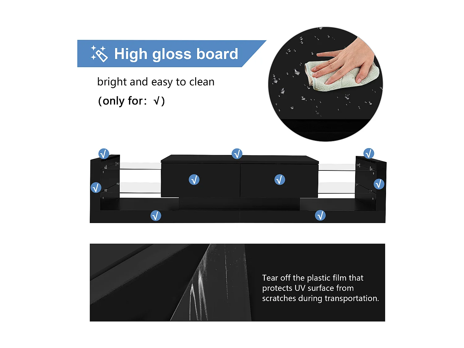 Meuble TV avec LED - 2 compartiments abattants et étagères en verre - Noir