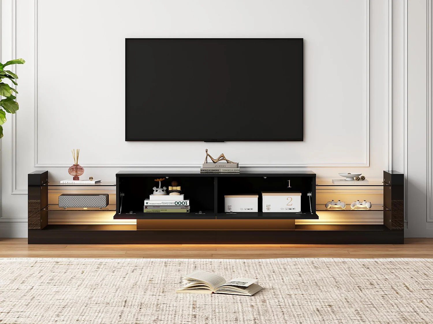 Meuble TV avec LED - 2 compartiments abattants et étagères en verre - Noir