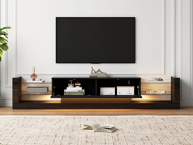 Meuble TV avec LED - 2 compartiments abattants et étagères en verre - Noir