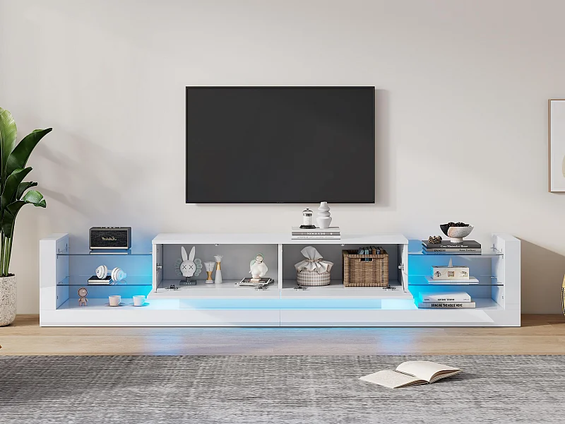 Meuble TV avec LED - 2 compartiments abattants et étagères en verre - Blanc