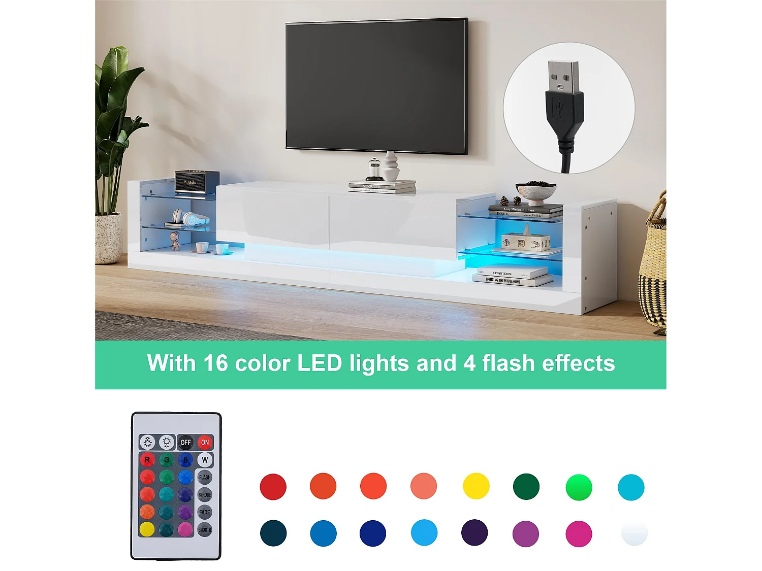 Mueble TV con LED - 2 compartimentos abatibles y estantes de cristal - Blanco