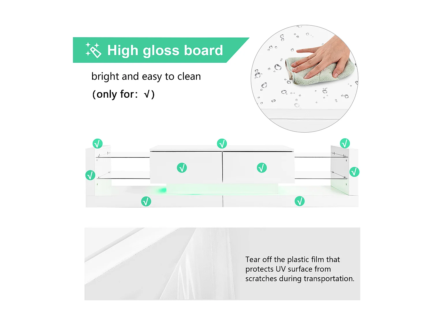 Mueble TV con LED - 2 compartimentos abatibles y estantes de cristal - Blanco