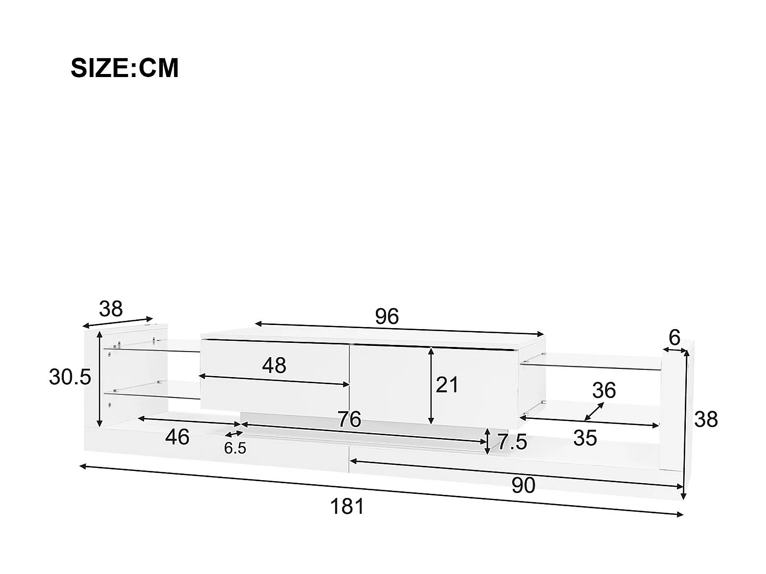 Mueble TV con LED - 2 compartimentos abatibles y estantes de cristal - Blanco