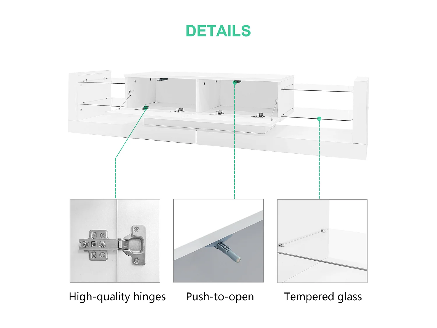 Mueble TV con LED - 2 compartimentos abatibles y estantes de cristal - Blanco