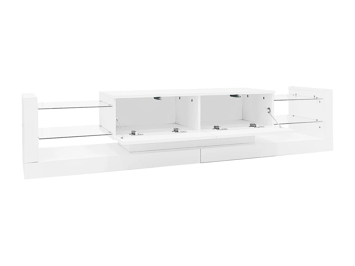 Mueble TV con LED - 2 compartimentos abatibles y estantes de cristal - Blanco