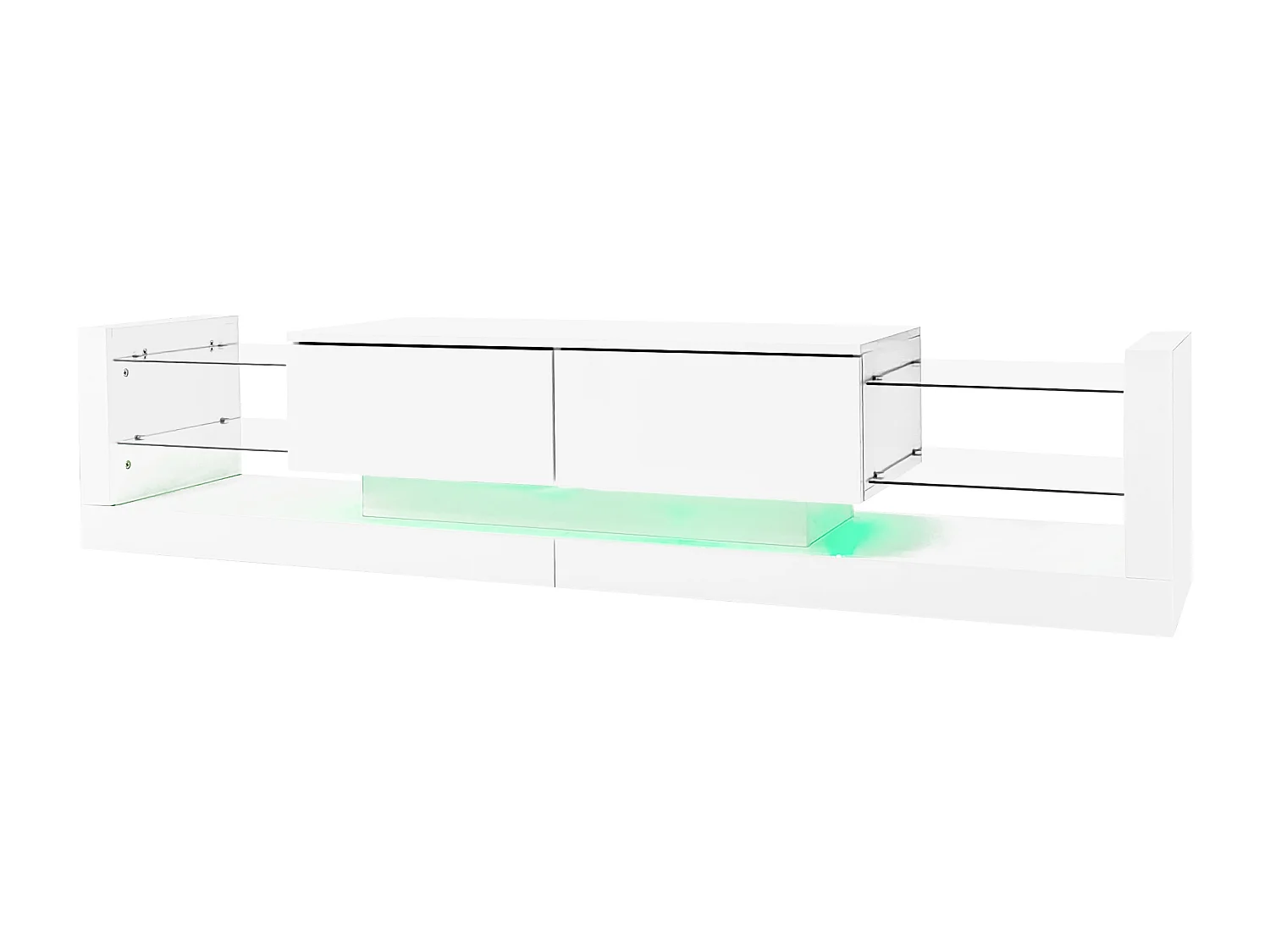 Mueble TV con LED - 2 compartimentos abatibles y estantes de cristal - Blanco