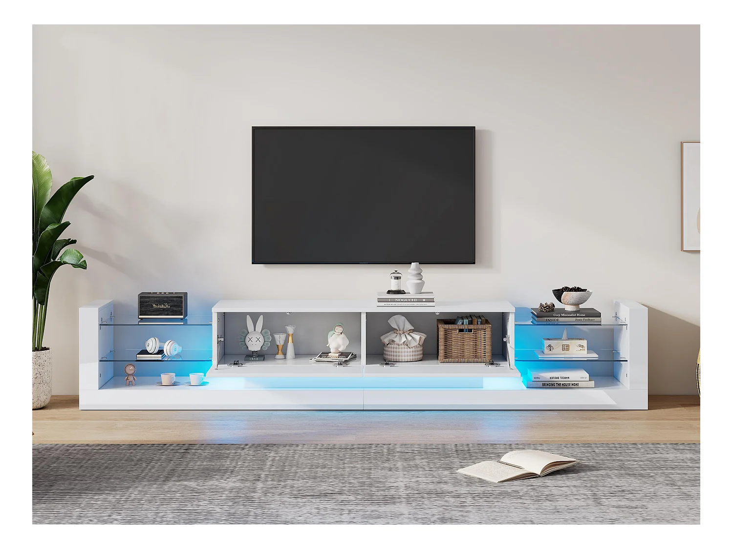 TV-meubel met LED - 2 klapvakken en glazen planken - Wit