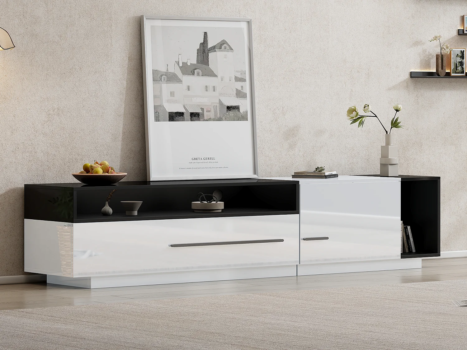 Mueble TV 170 cm - 1 cajón grande y 3 compartimentos - Blanco y Negro