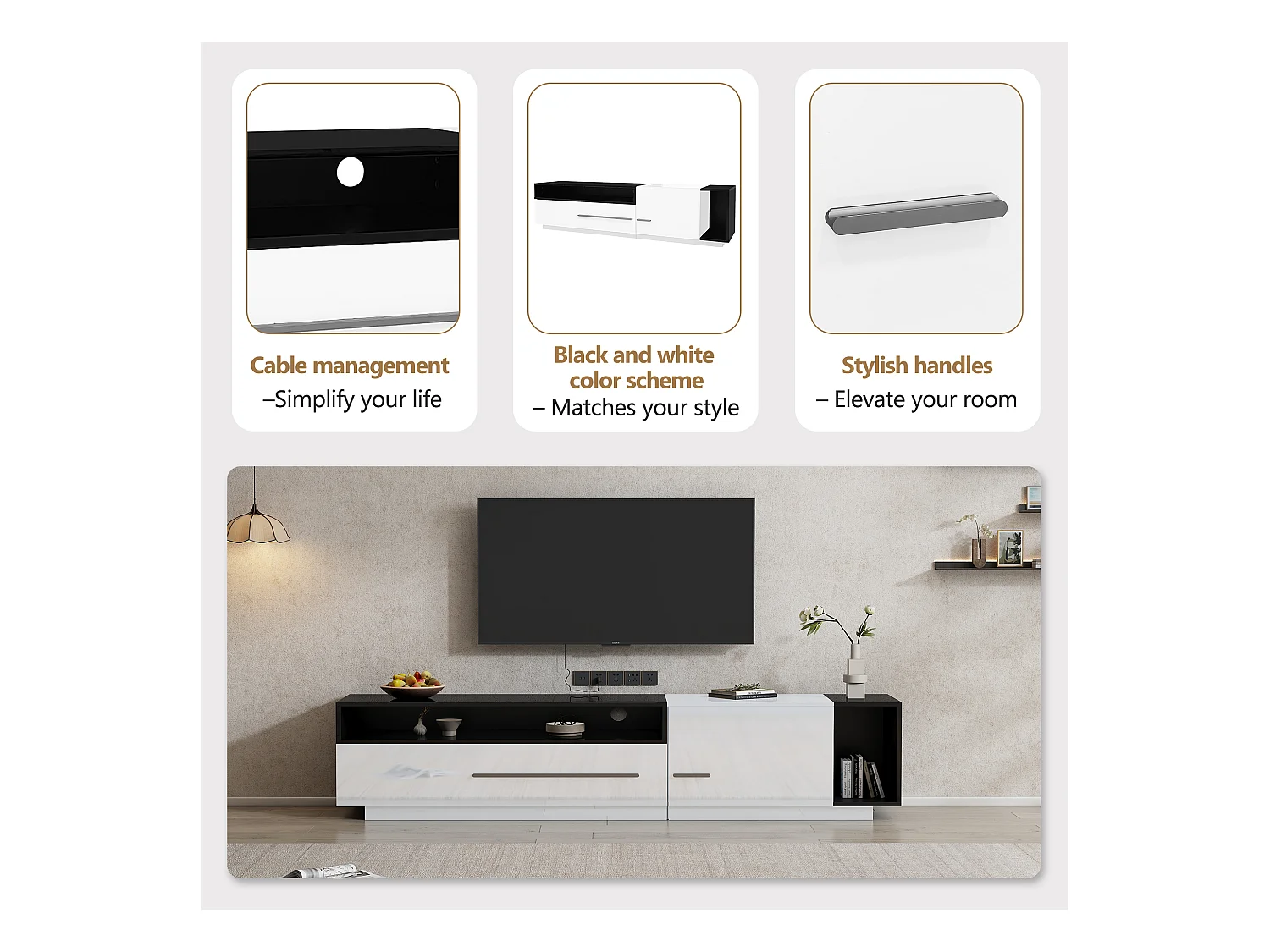 Mueble TV 170 cm - 1 cajón grande y 3 compartimentos - Blanco y Negro