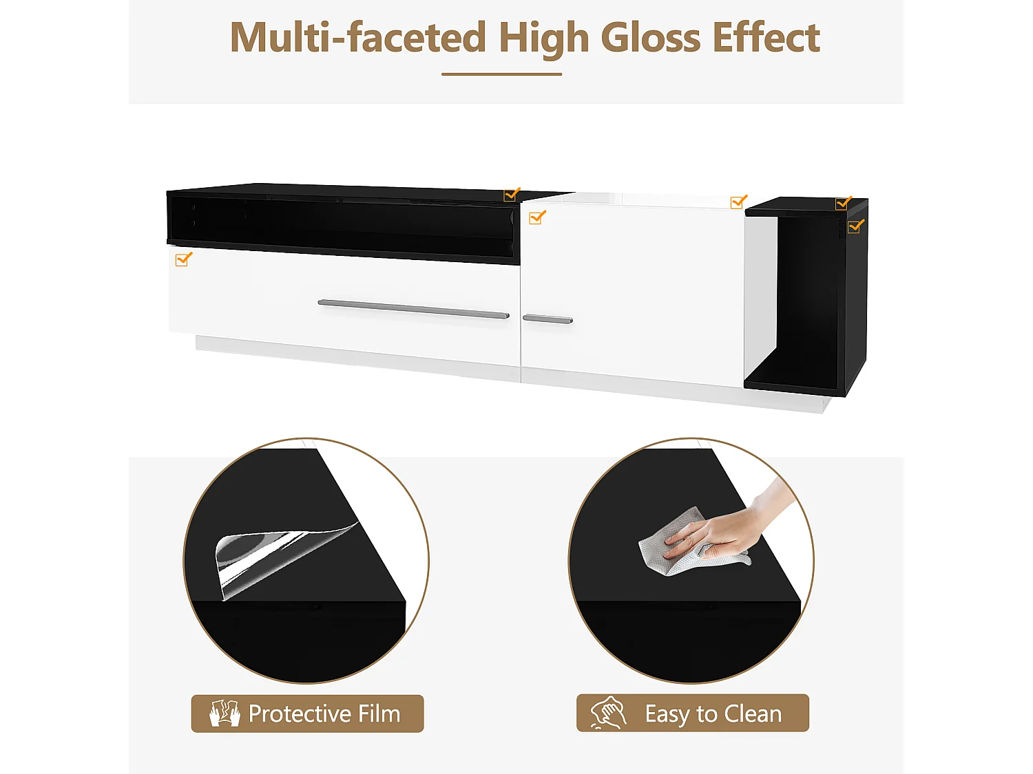 Mueble TV 170 cm - 1 cajón grande y 3 compartimentos - Blanco y Negro