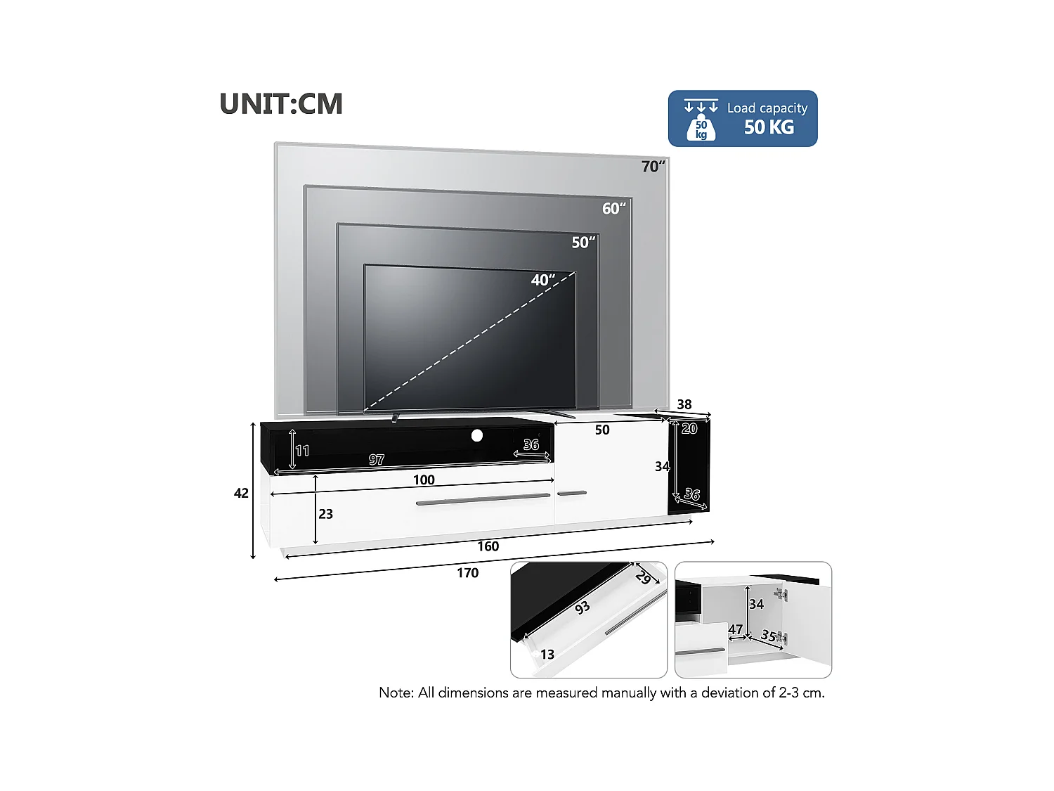Mueble TV 170 cm - 1 cajón grande y 3 compartimentos - Blanco y Negro