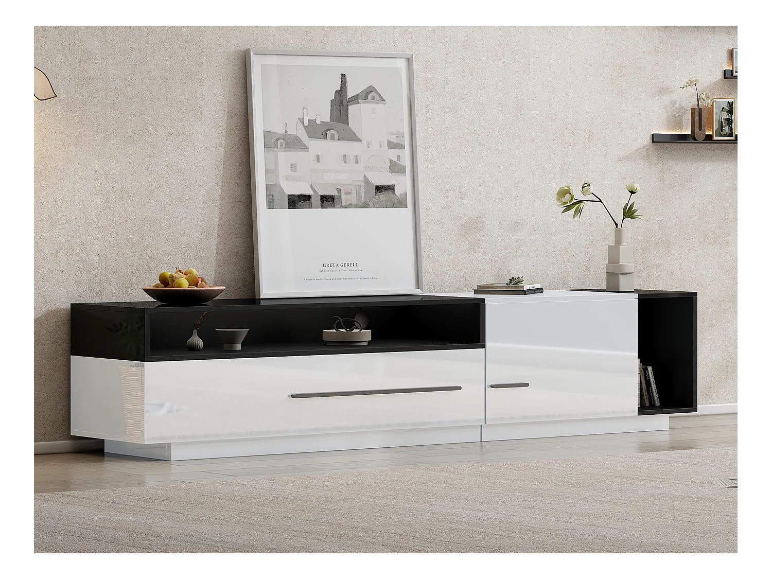 Meuble TV 170cm - 1 grand tiroir et 3 compartiments - Blanc & Noir