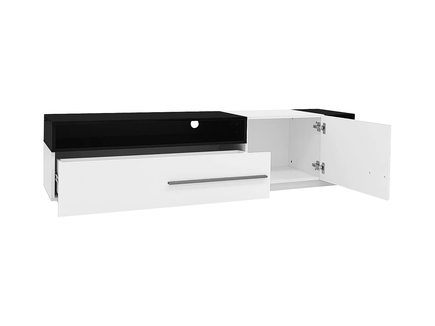 Meuble TV 170cm - 1 grand tiroir et 3 compartiments - Blanc & Noir