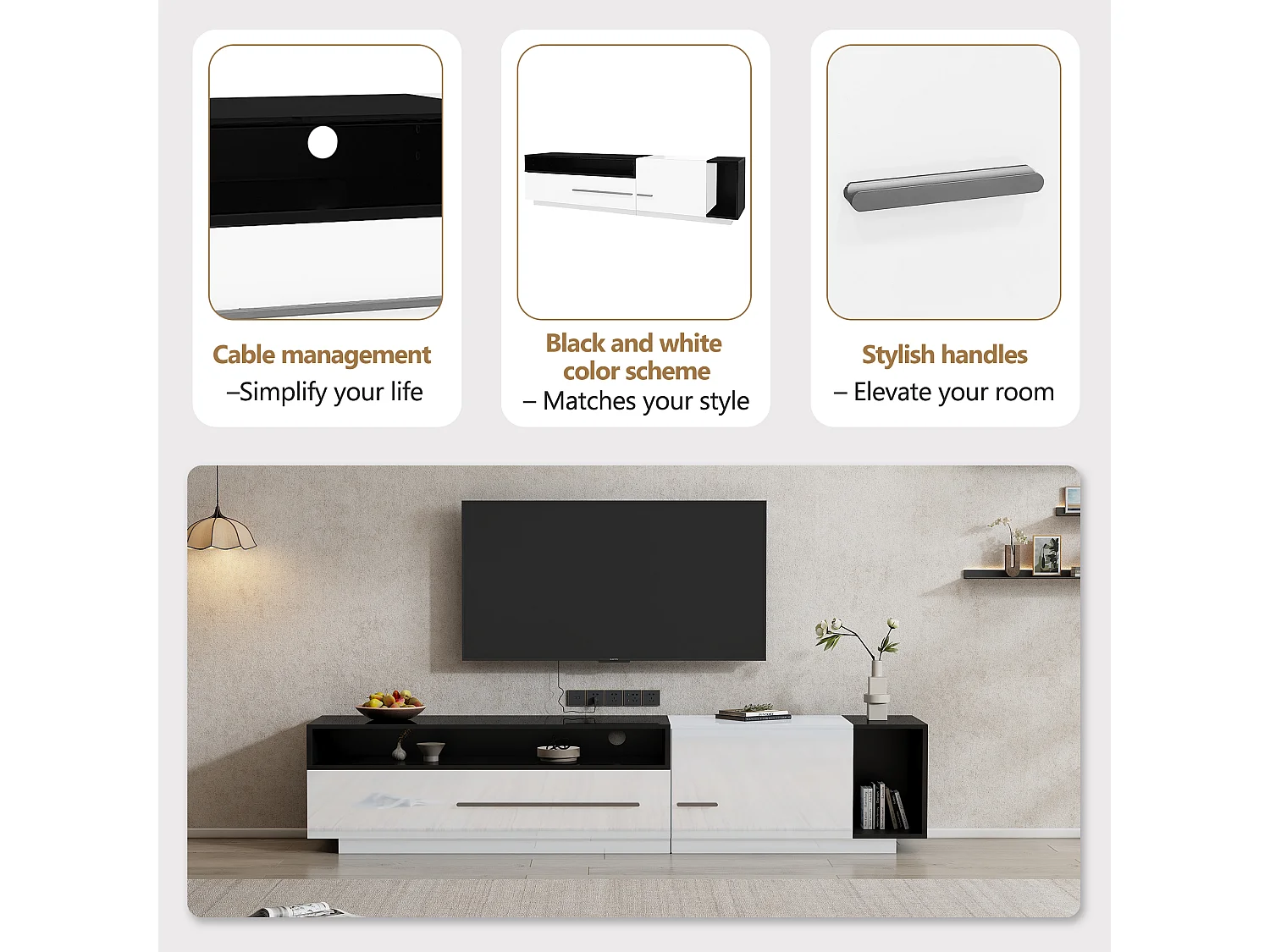 Meuble TV 170cm - 1 grand tiroir et 3 compartiments - Blanc & Noir