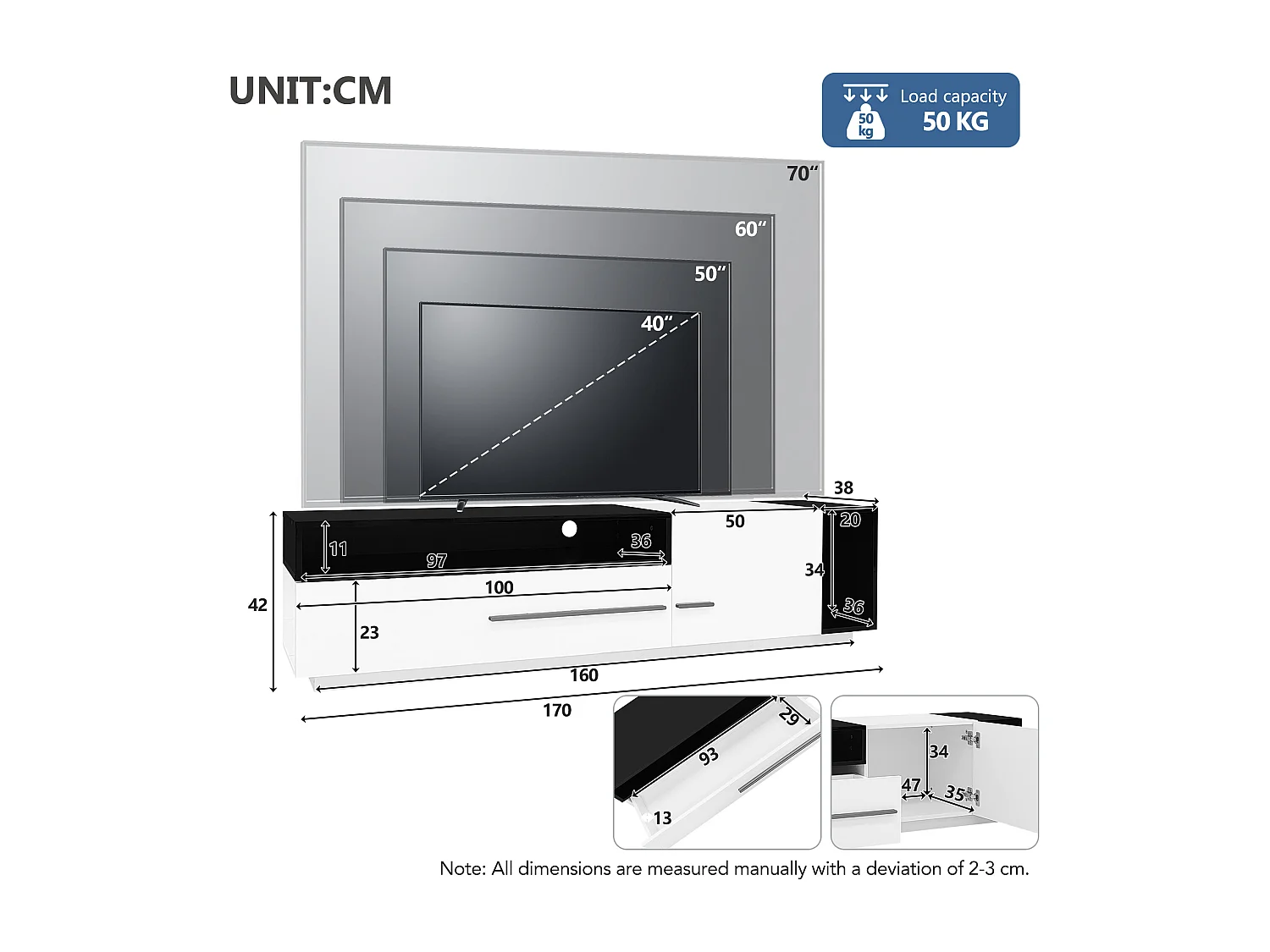 Meuble TV 170cm - 1 grand tiroir et 3 compartiments - Blanc & Noir
