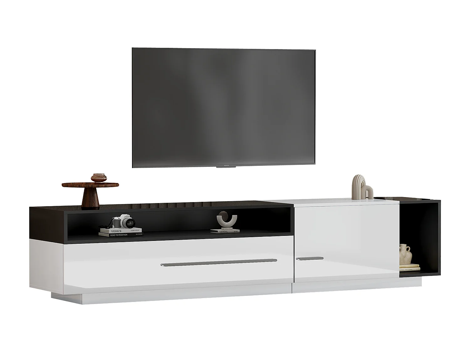 Meuble TV 170cm - 1 grand tiroir et 3 compartiments - Blanc & Noir