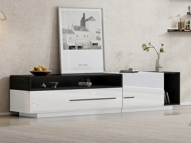 Meuble TV 170cm - 1 grand tiroir et 3 compartiments - Blanc & Noir