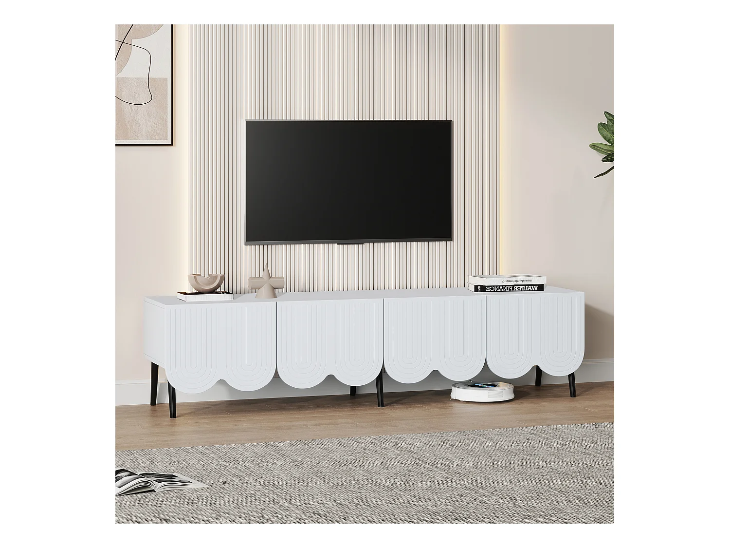 Meuble TV 180cm - 4 portes 2 compartiments - panneaux de particules - Blanc
