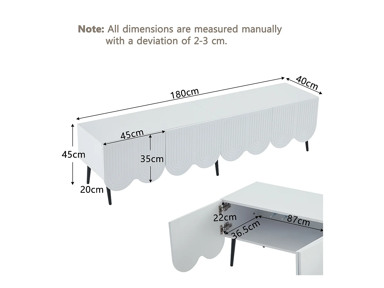 Meuble TV 180cm - 4 portes 2 compartiments - panneaux de particules - Blanc