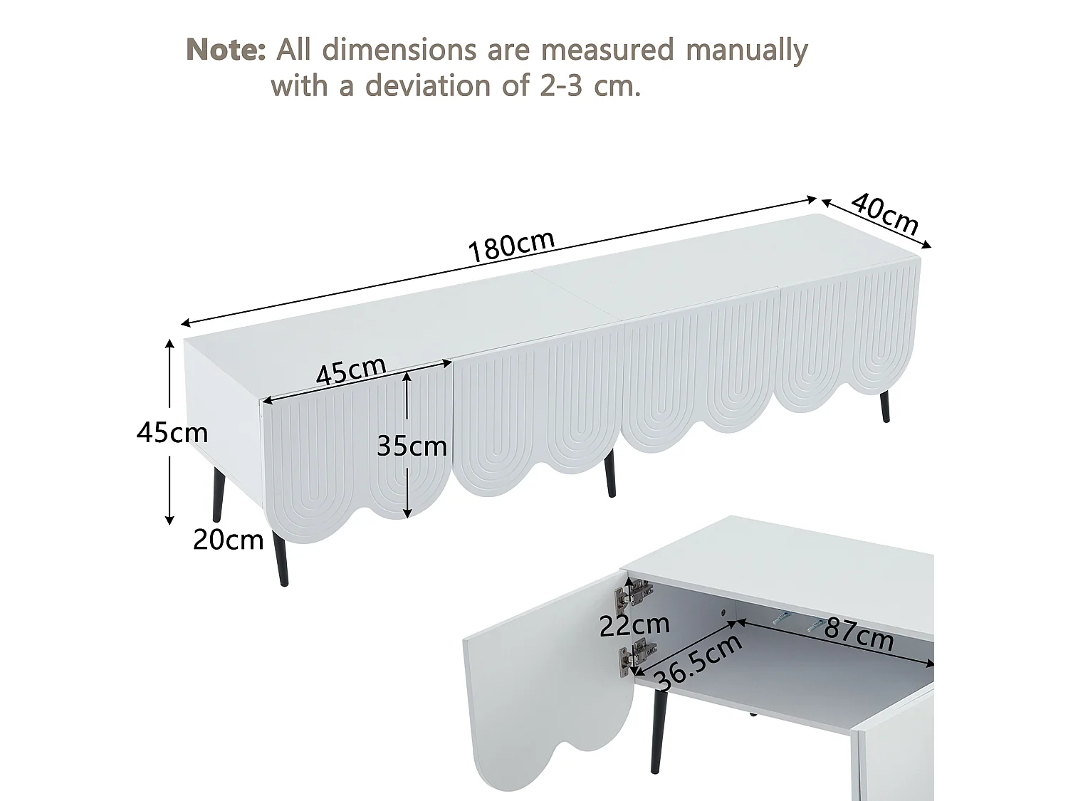 Meuble TV 180cm - 4 portes 2 compartiments - panneaux de particules - Blanc