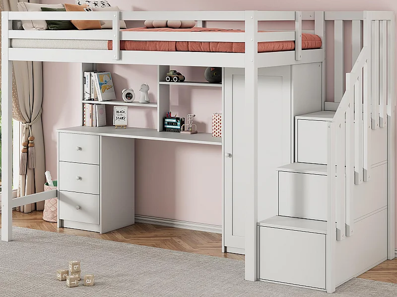 90 x 200 cm großes Hochbett aus Holz – mit Schreibtisch, Kleiderschrank und Stauraumtreppe – Weiß